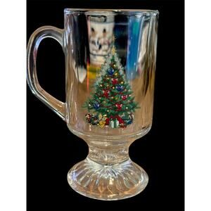 Vintage Christmas Tree Holiday Hostess Footed  Clear Glass Mug Marked 29